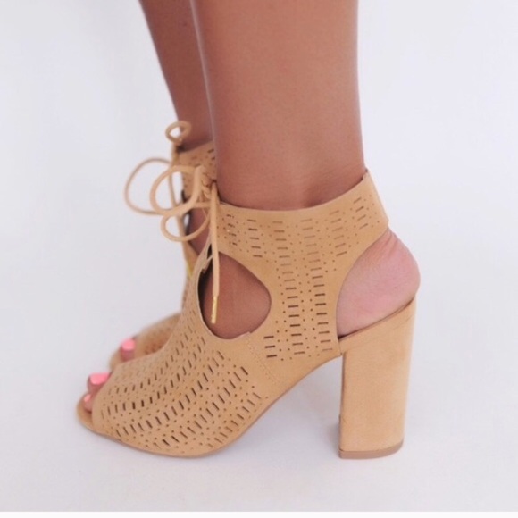 Beige Lace Up Caged Fall Booties Block Heel Sandal - Picture 2 of 4